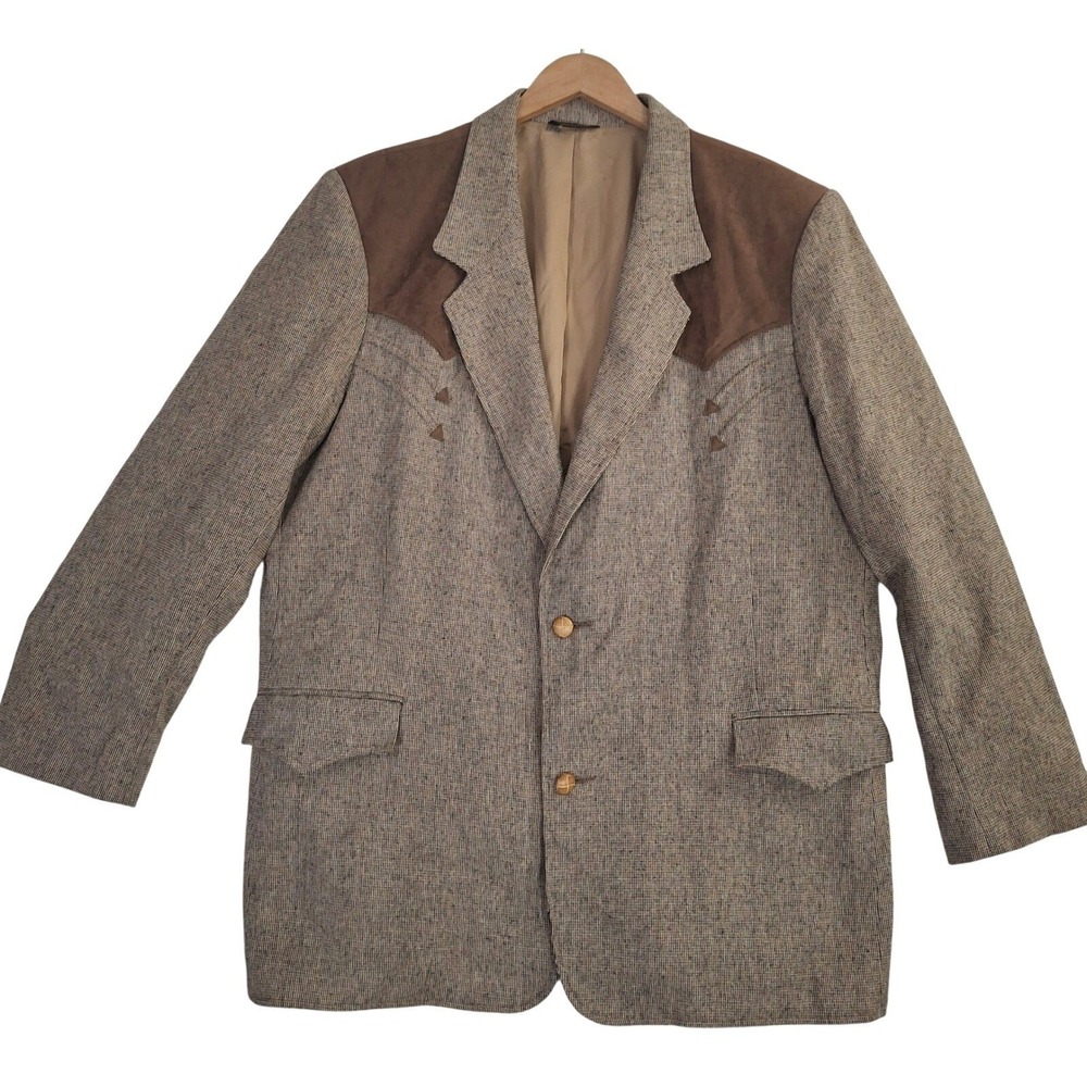Vintage Pioneer Wear Western Blazer 52L Tan Tweed Suede Yoke Sport Coat USA Made